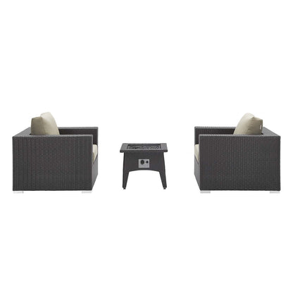 Outdoor wicker conversation set: two dark brown armchairs with beige cushions and a central square fire pit table.