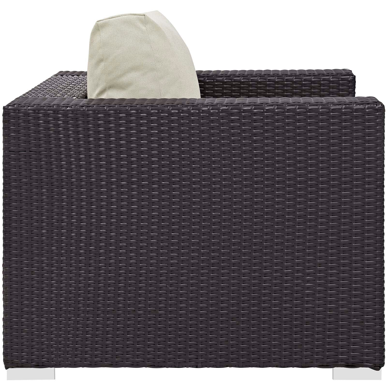 Espresso brown woven outdoor wicker 3-piece seating set with beige cushions and a fire pit table; modern patio furniture.