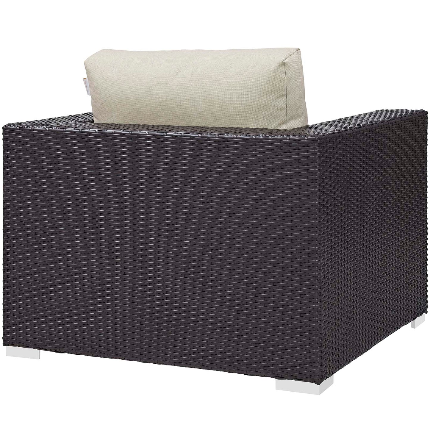 Espresso brown synthetic wicker outdoor 3-piece club chair set with beige cushions and a central fire pit; boxy, modern patio seating.