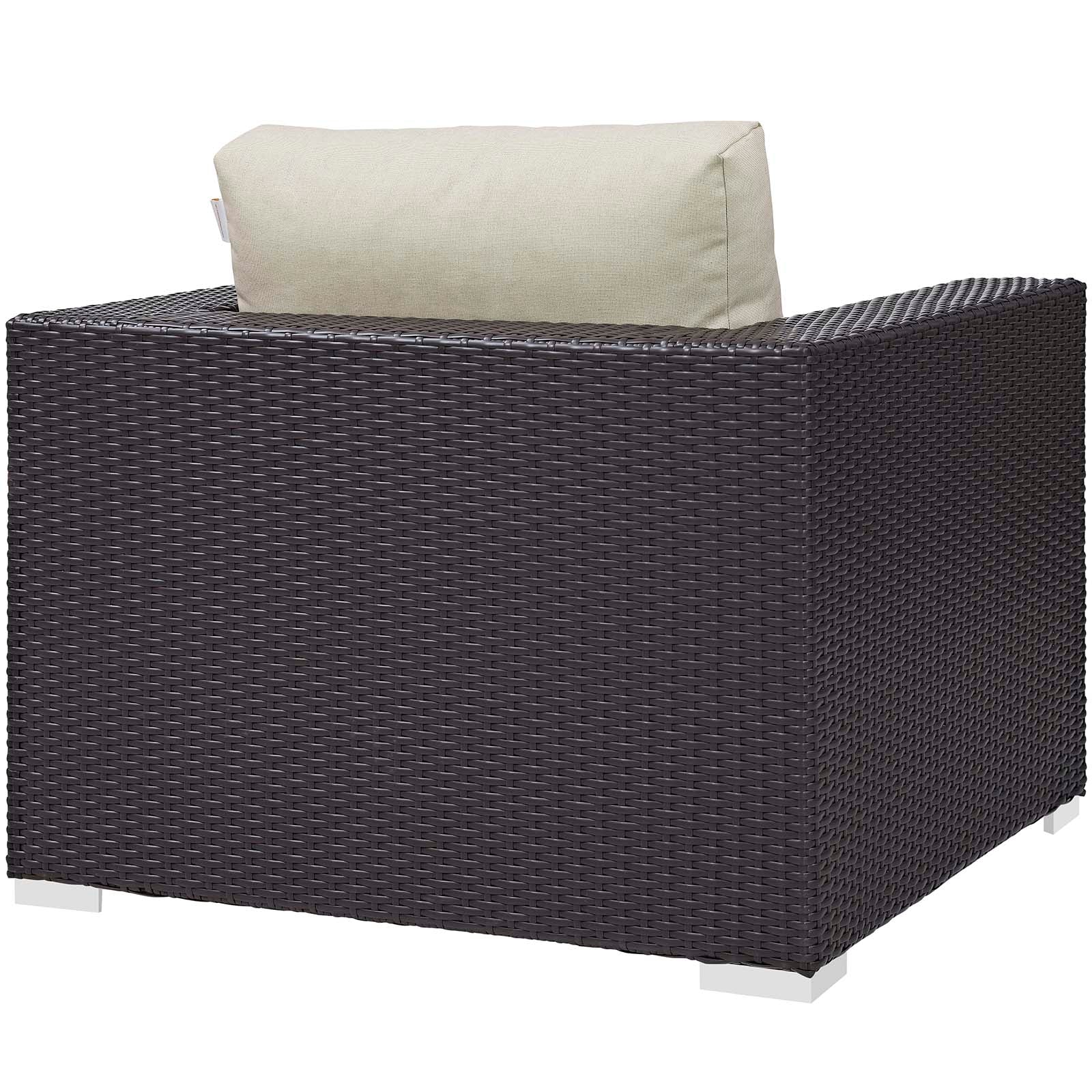 Espresso brown synthetic wicker outdoor 3-piece club chair set with beige cushions and a central fire pit; boxy, modern patio seating.
