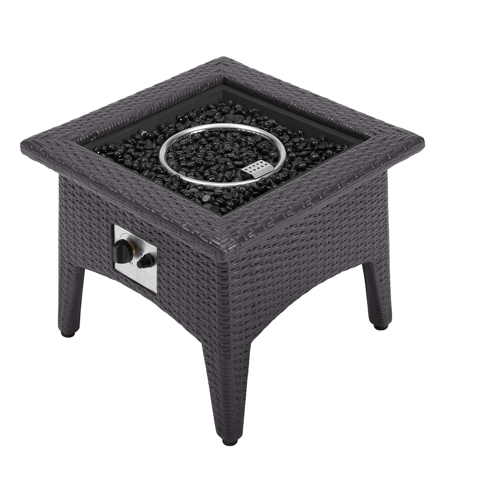 Espresso Beige wicker square fire pit table with black lava rocks and a silver burner ring; side gas valve.