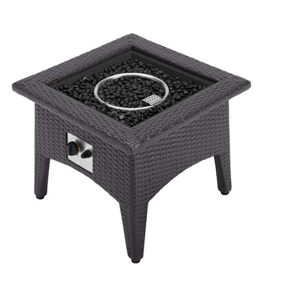 Espresso Beige wicker square fire pit table with black lava rocks and a silver burner ring; side gas valve.