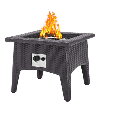 Dark brown woven rattan square fire pit with metal bowl, glowing flames, and side control knob.