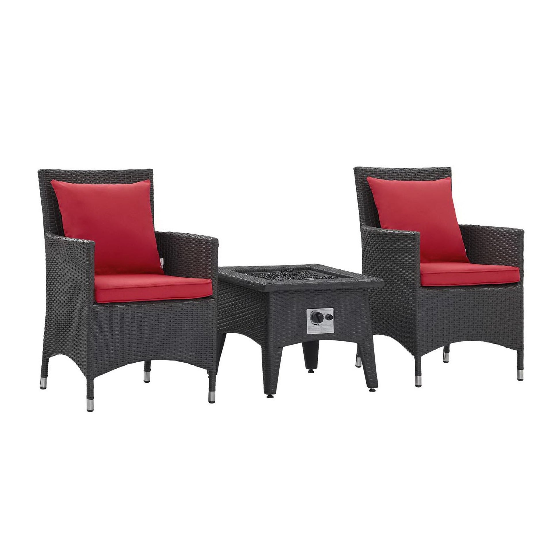 Espresso wicker patio set with two armchairs and a square fire pit table, red cushions.
