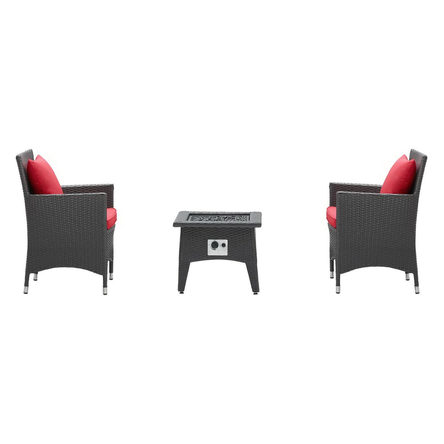 Outdoor espresso wicker 3-piece set with two armchairs in red cushions and a square fire pit table.