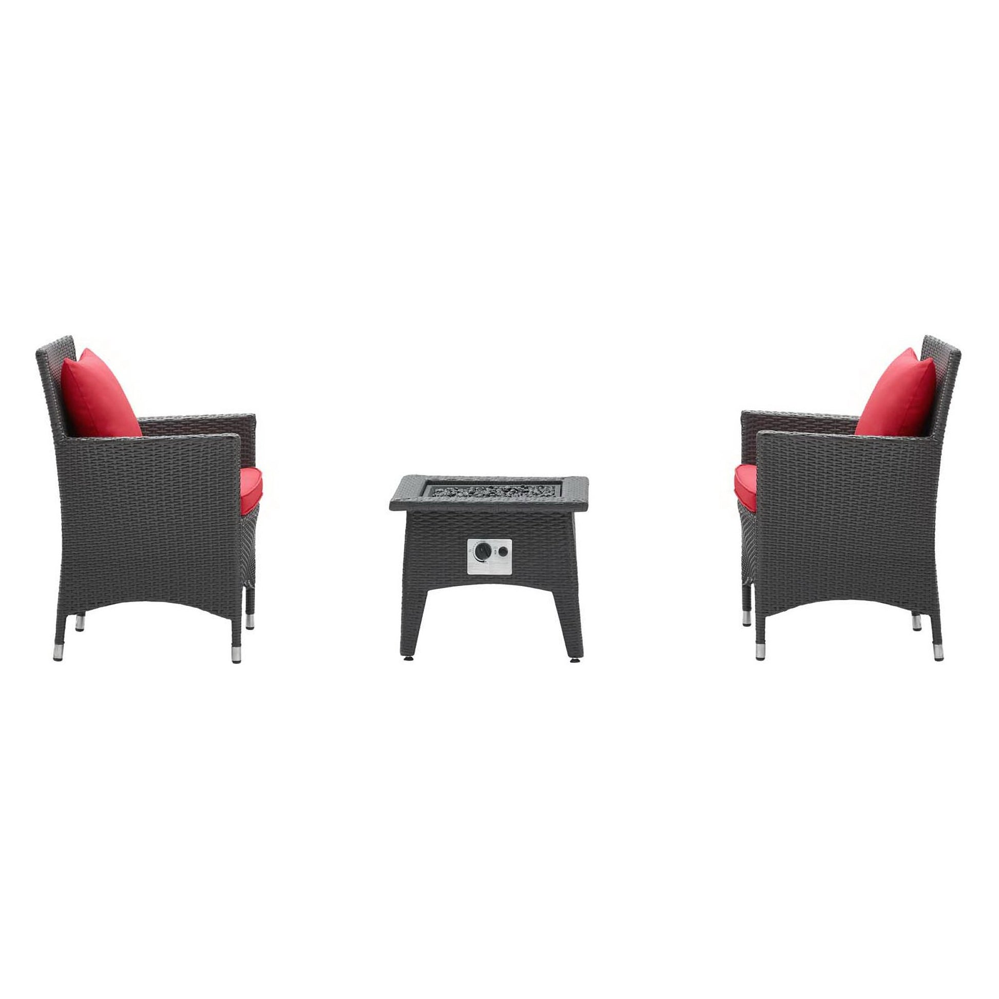 Outdoor espresso wicker 3-piece set with two armchairs in red cushions and a square fire pit table.