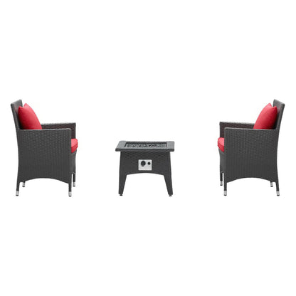 Outdoor espresso wicker 3-piece set with two armchairs in red cushions and a square fire pit table.