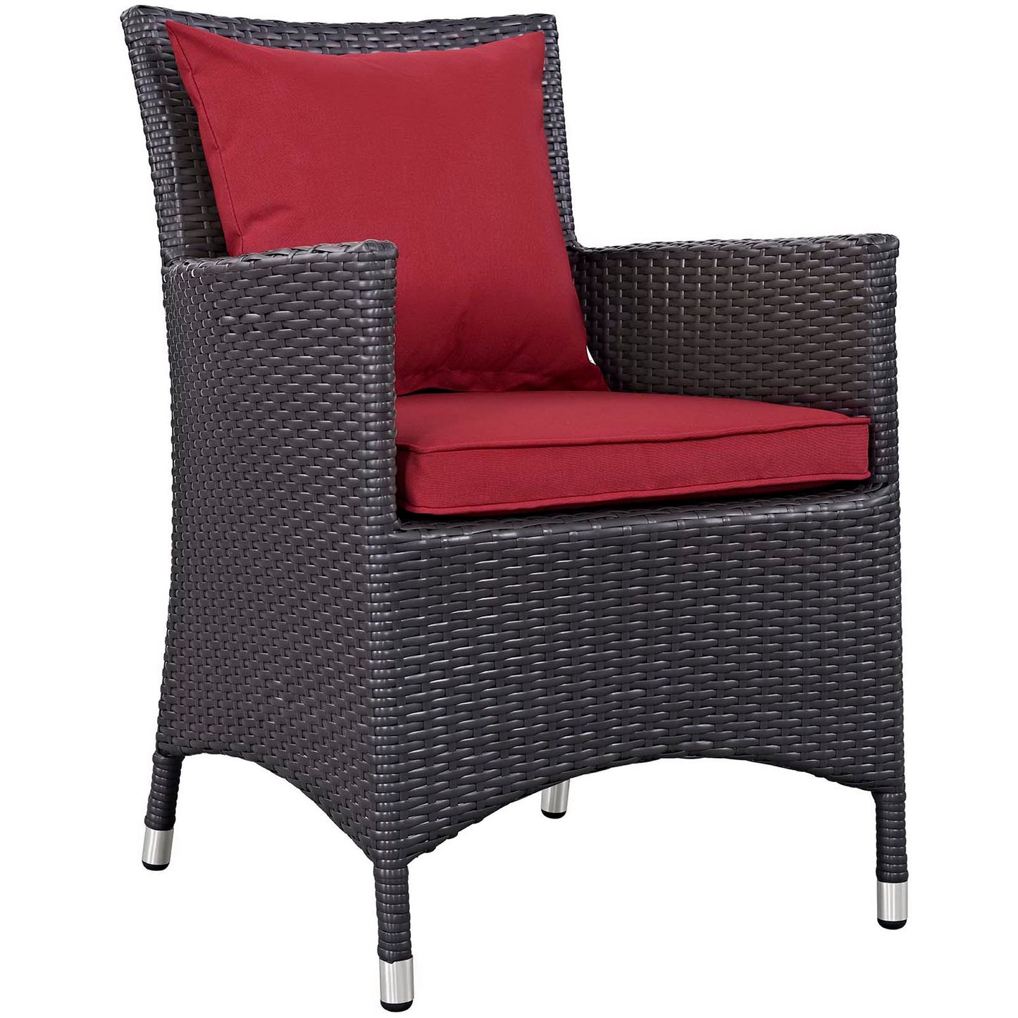 Dark espresso wicker outdoor 3-piece set with red cushions; cushioned seats and backs around a fire pit table.