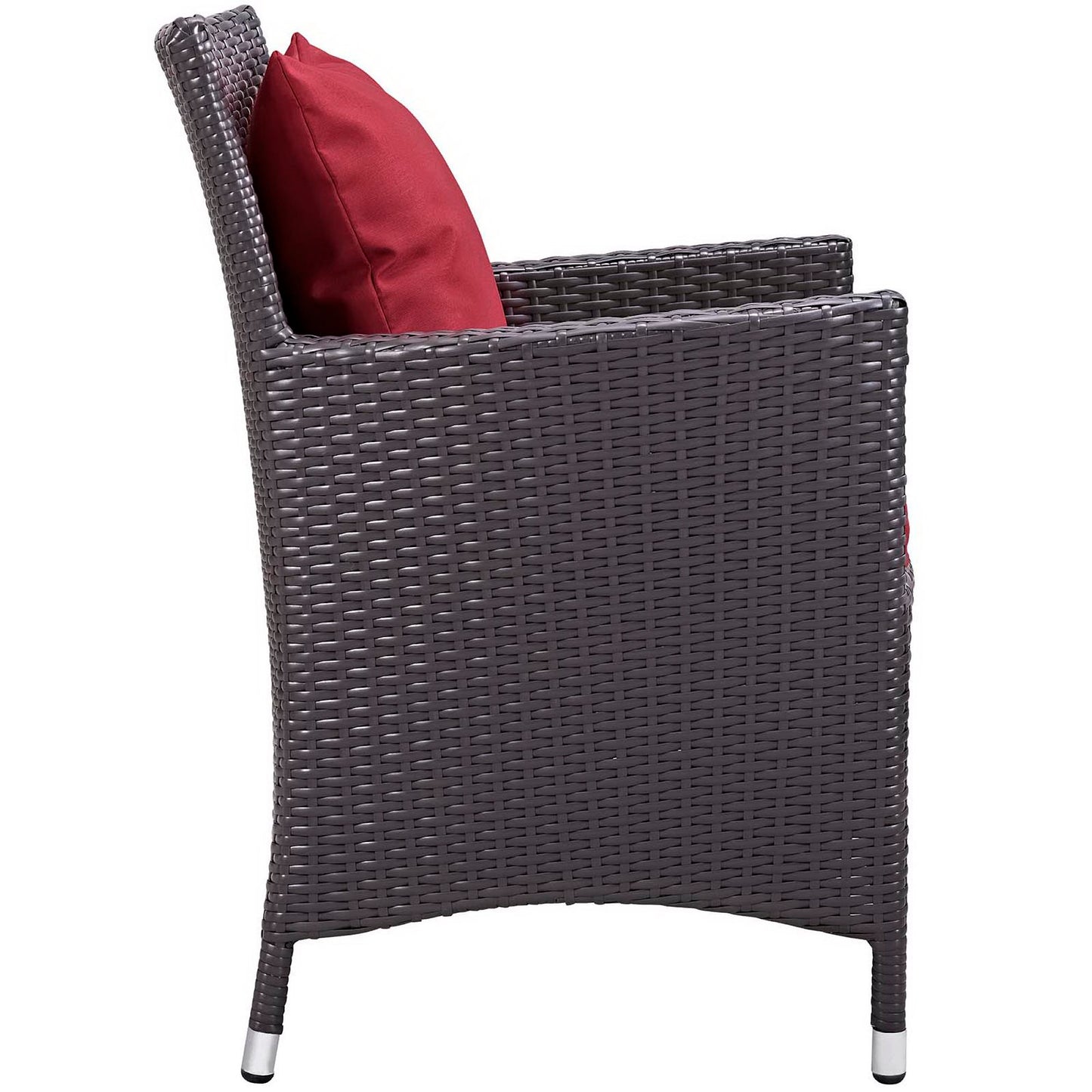 Dark brown woven rattan outdoor 3-piece patio set with red cushions and a fire pit.