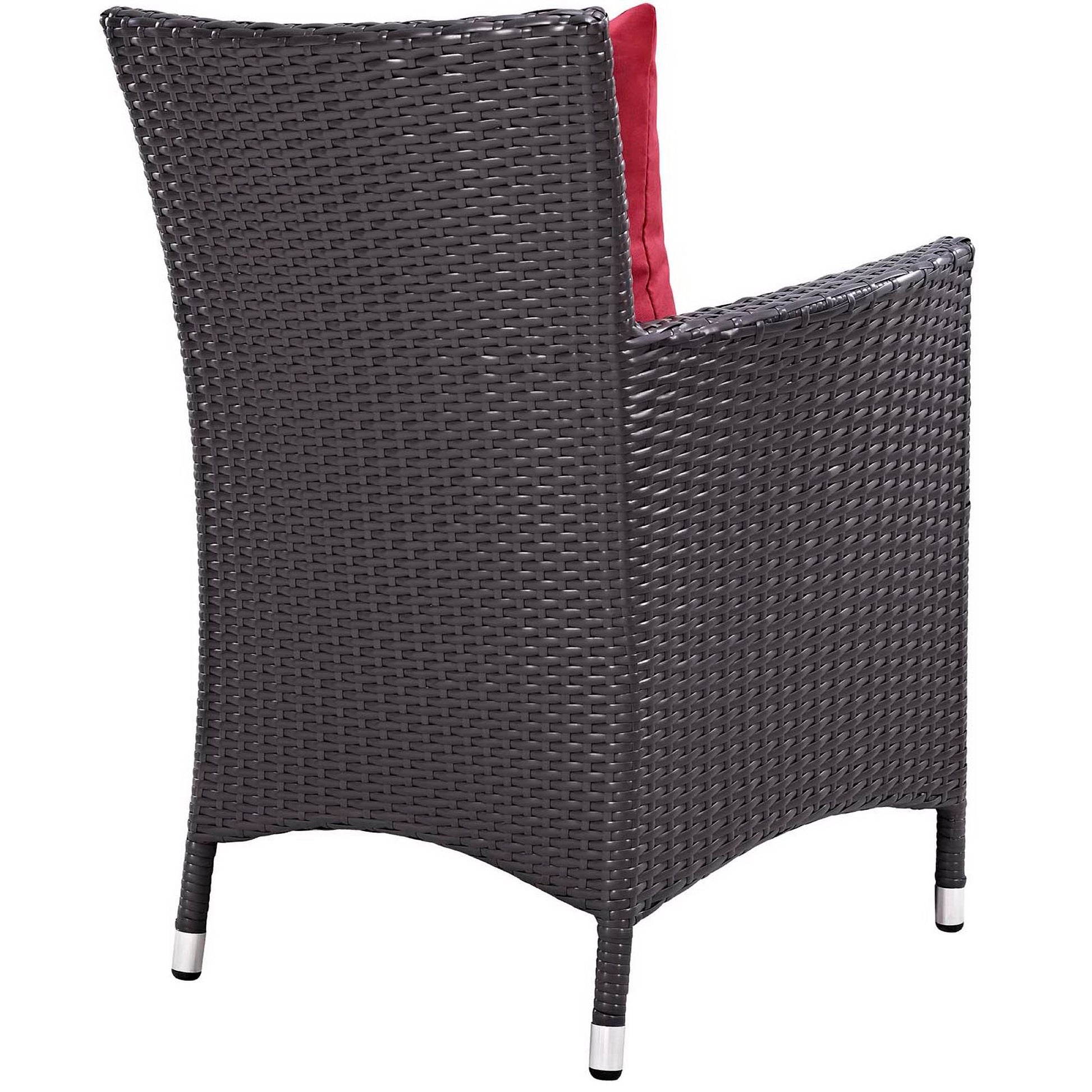 Dark brown woven wicker outdoor 3-piece patio set with red cushions and metal-tipped legs; includes a fire pit.