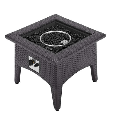 Square espresso wicker outdoor gas fire pit table with glass rocks, built-in burner, side control knob, four legs.