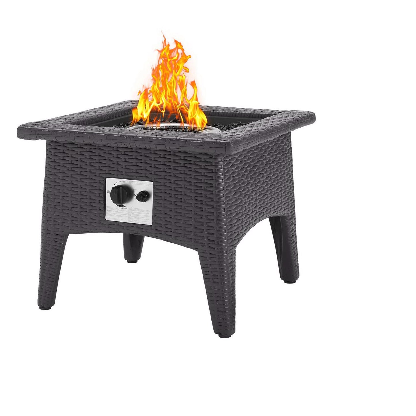 Espresso red wicker 3-piece outdoor fire pit set with a square gas fire pit table, metal control panel, and glowing flame for patio use.