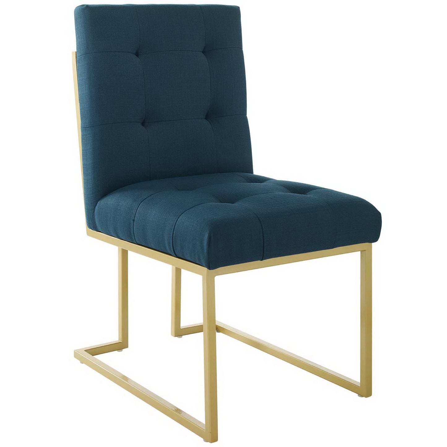 Azure blue tufted upholstered fabric dining accent chair with a tall back and a gold stainless steel frame.