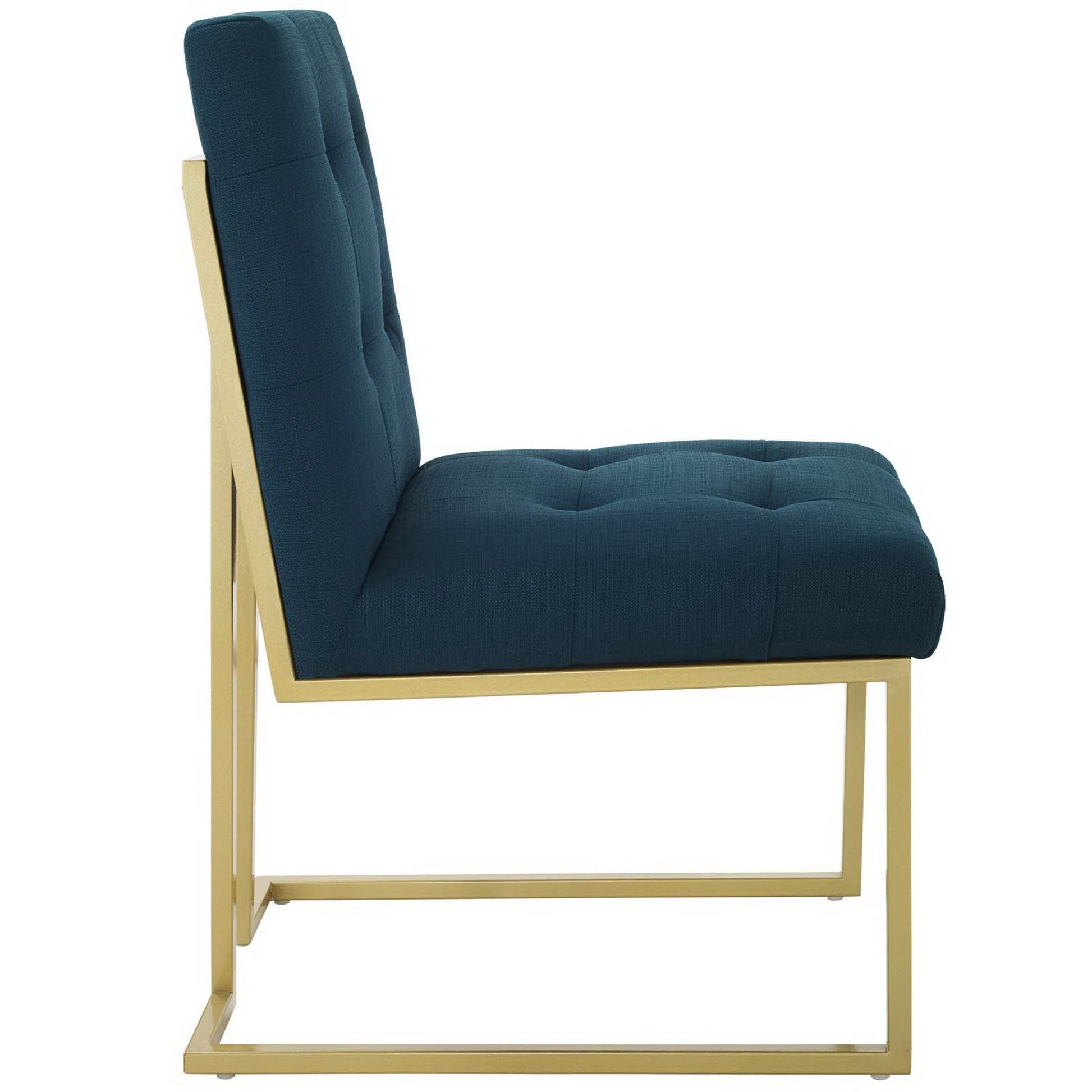 Azure blue tufted fabric dining accent chair with a gold-tone rectangular cantilever frame.