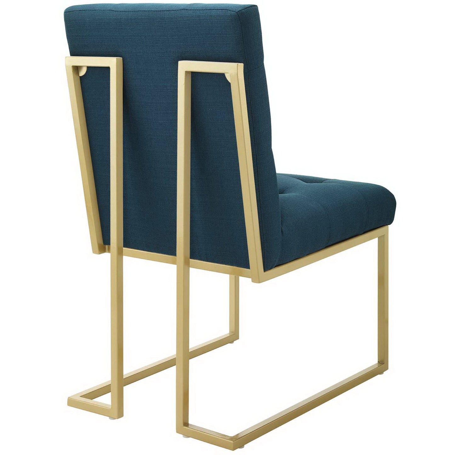 Azure fabric upholstered dining accent chair with a gold metal cantilever frame and rectangular legs.