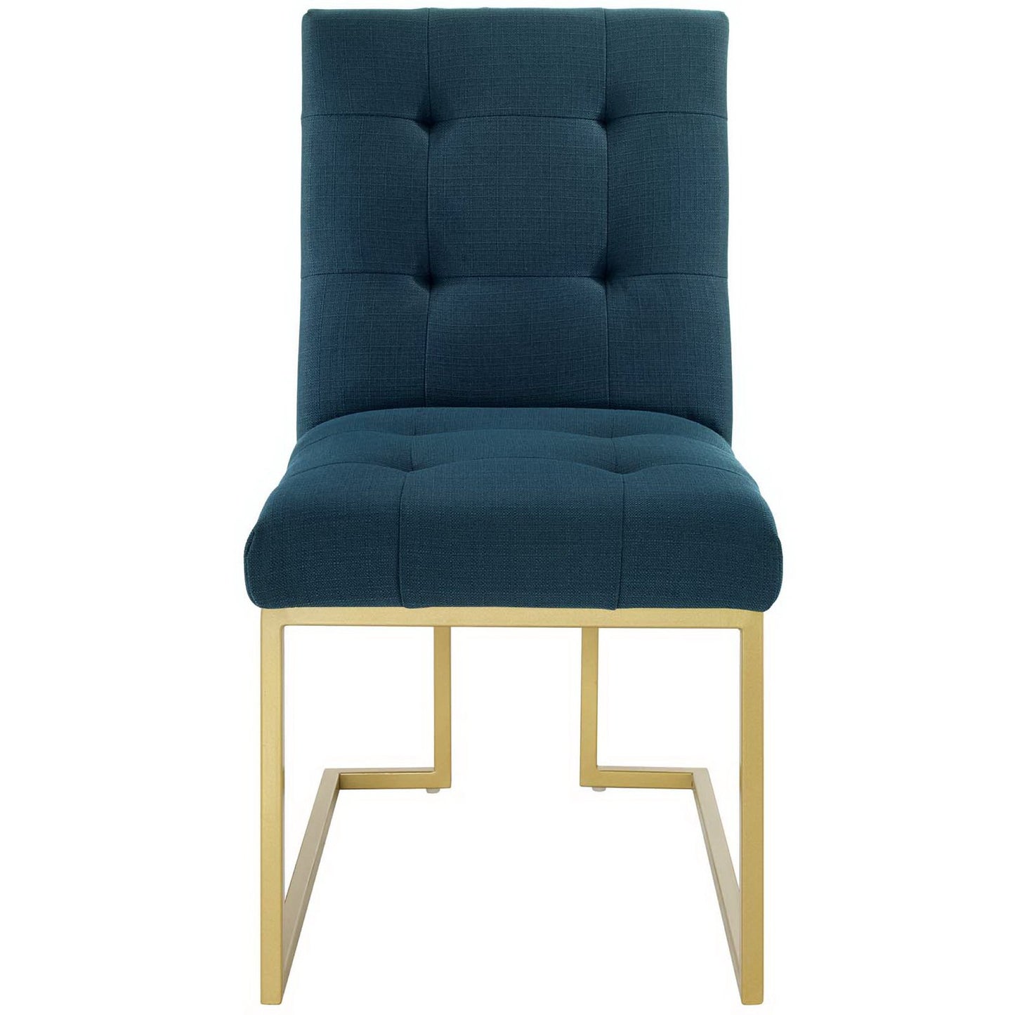 Azure blue tufted dining chair with gold-tone metal cantilever frame, contemporary style.