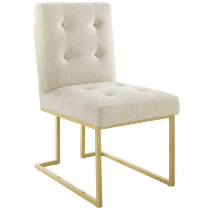 Beige tufted dining chair with tall back, cushioned seat, gold stainless steel frame