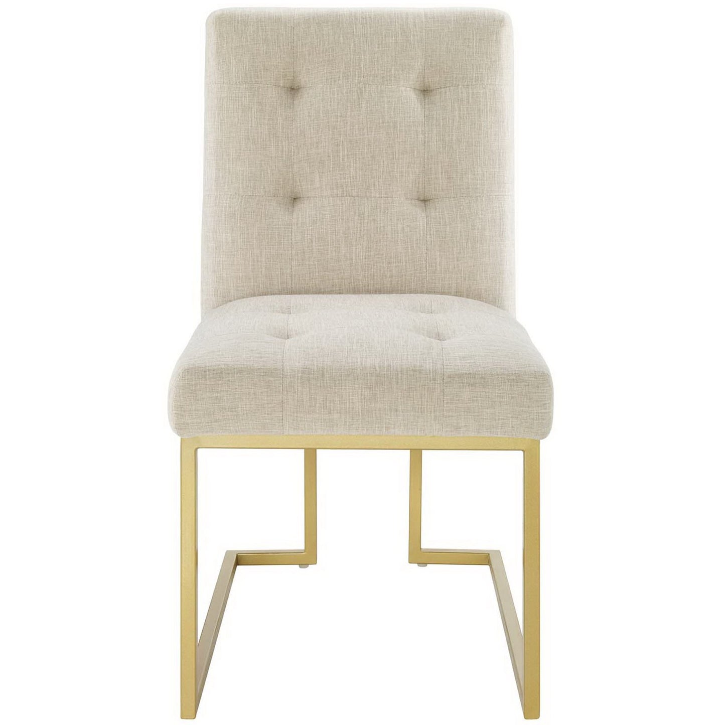 Beige linen tufted dining chair with tall back & gold metal rectangular legs.