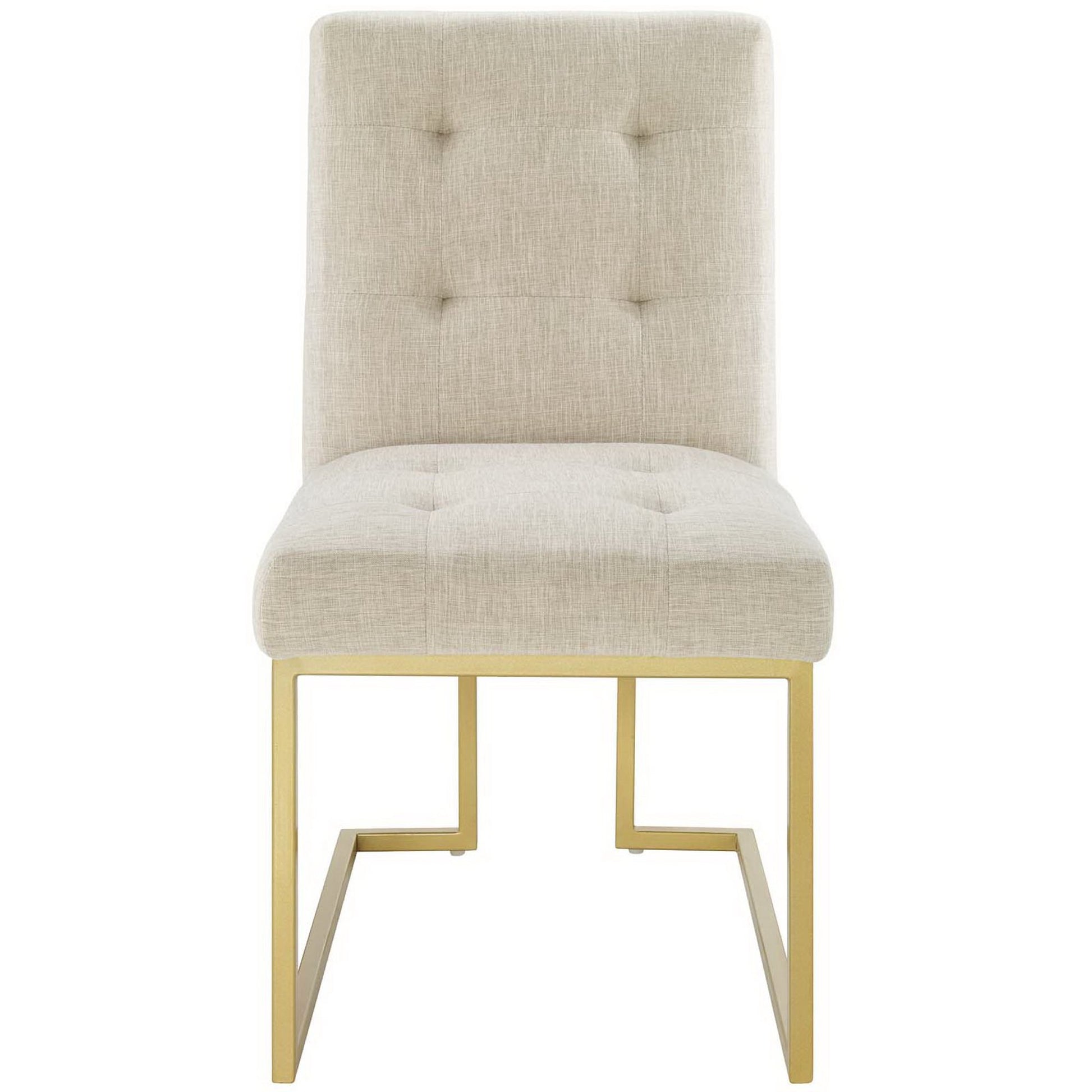 Beige linen tufted dining chair with tall back & gold metal rectangular legs.
