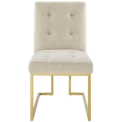Beige linen tufted dining chair with tall back & gold metal rectangular legs.