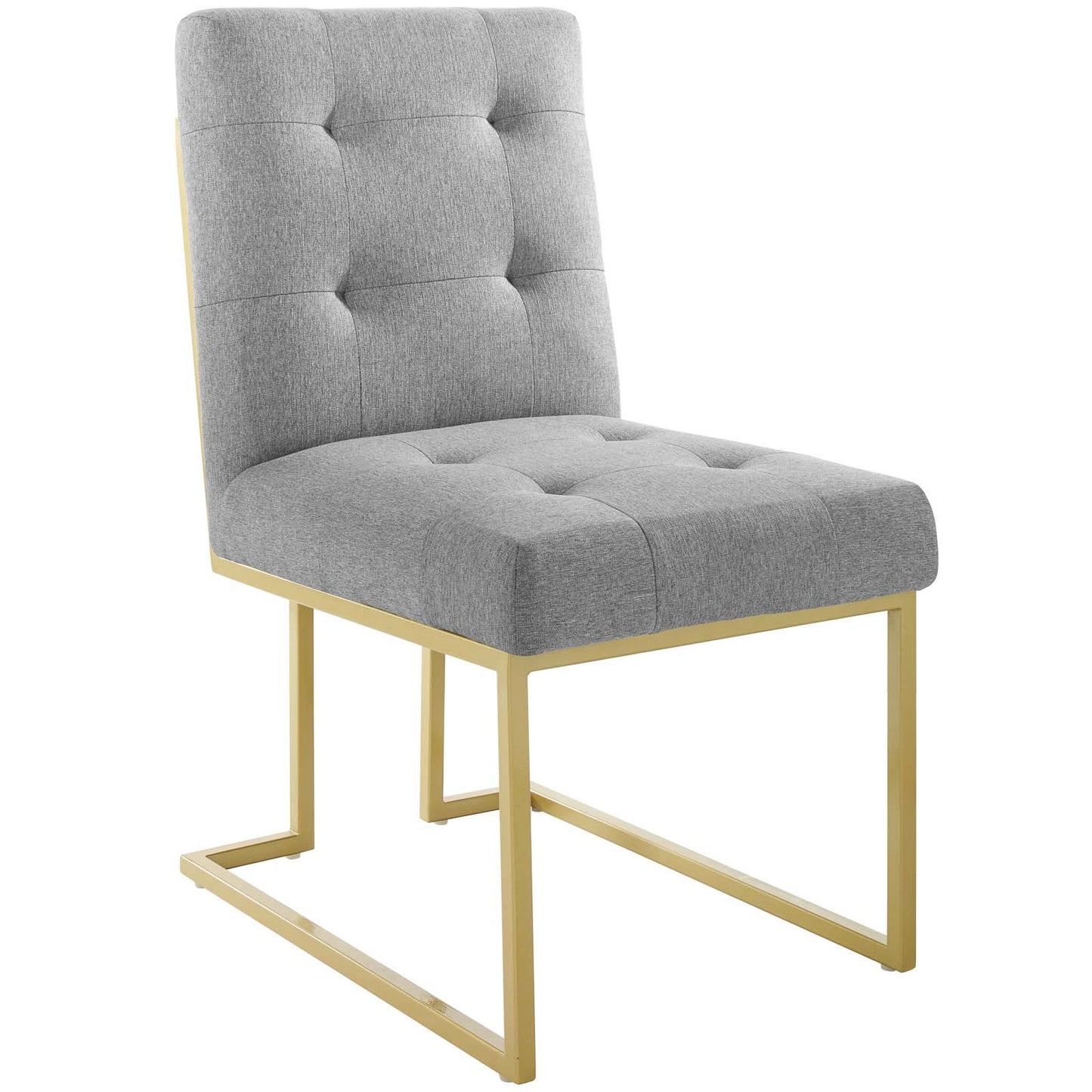 Grey tufted fabric chair with gold metal cantilever frame; modern glam dining or accent seating.