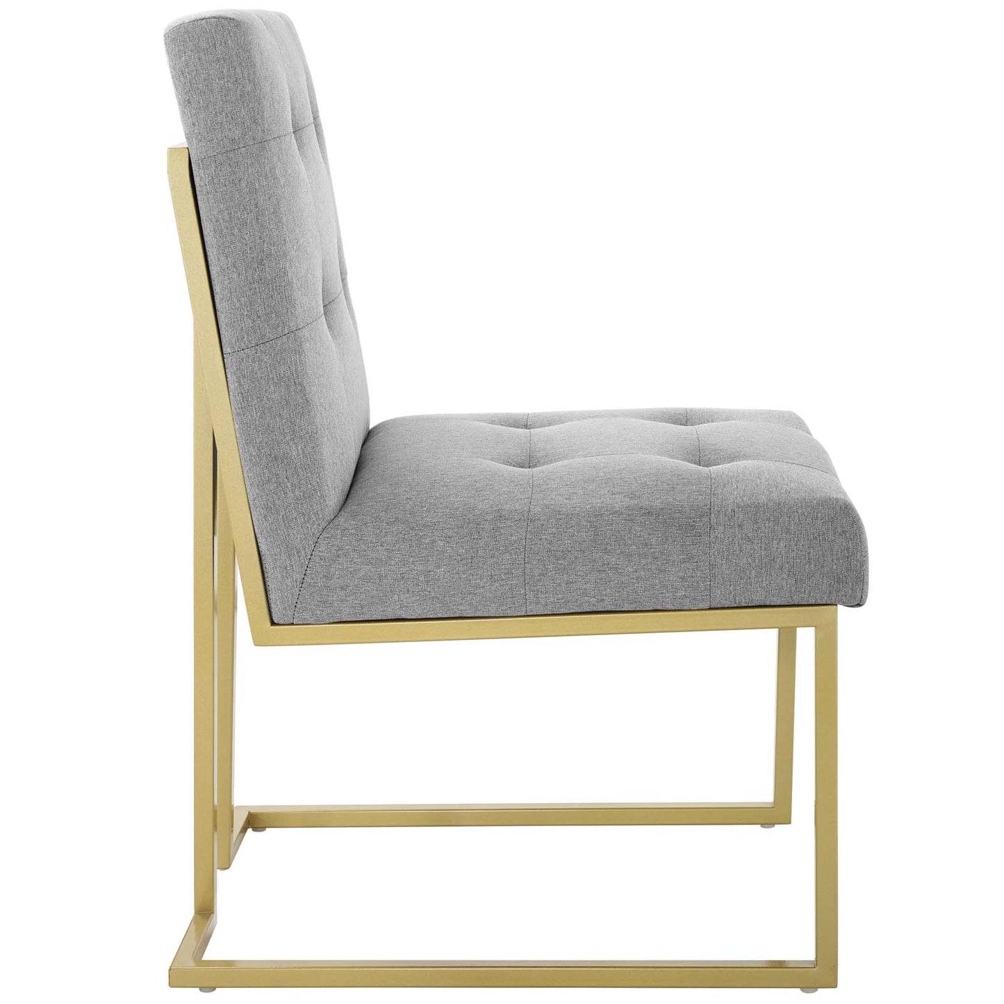 Gold metal-framed chair with light gray tufted cushion and tall backrest, modern geometric design.