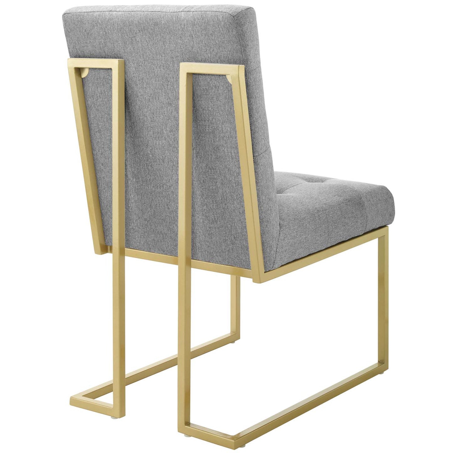 Gold stainless steel frame dining accent chair with light gray upholstered fabric seat and back.