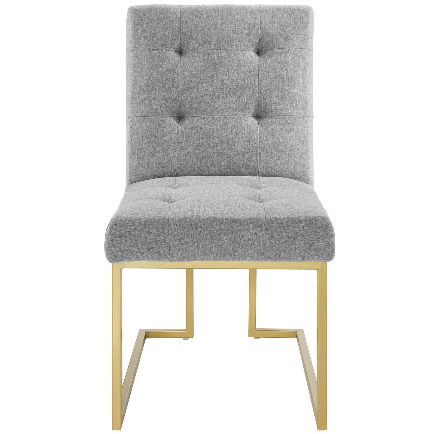 Light gray tufted dining chair with gold stainless steel legs forming a square frame.