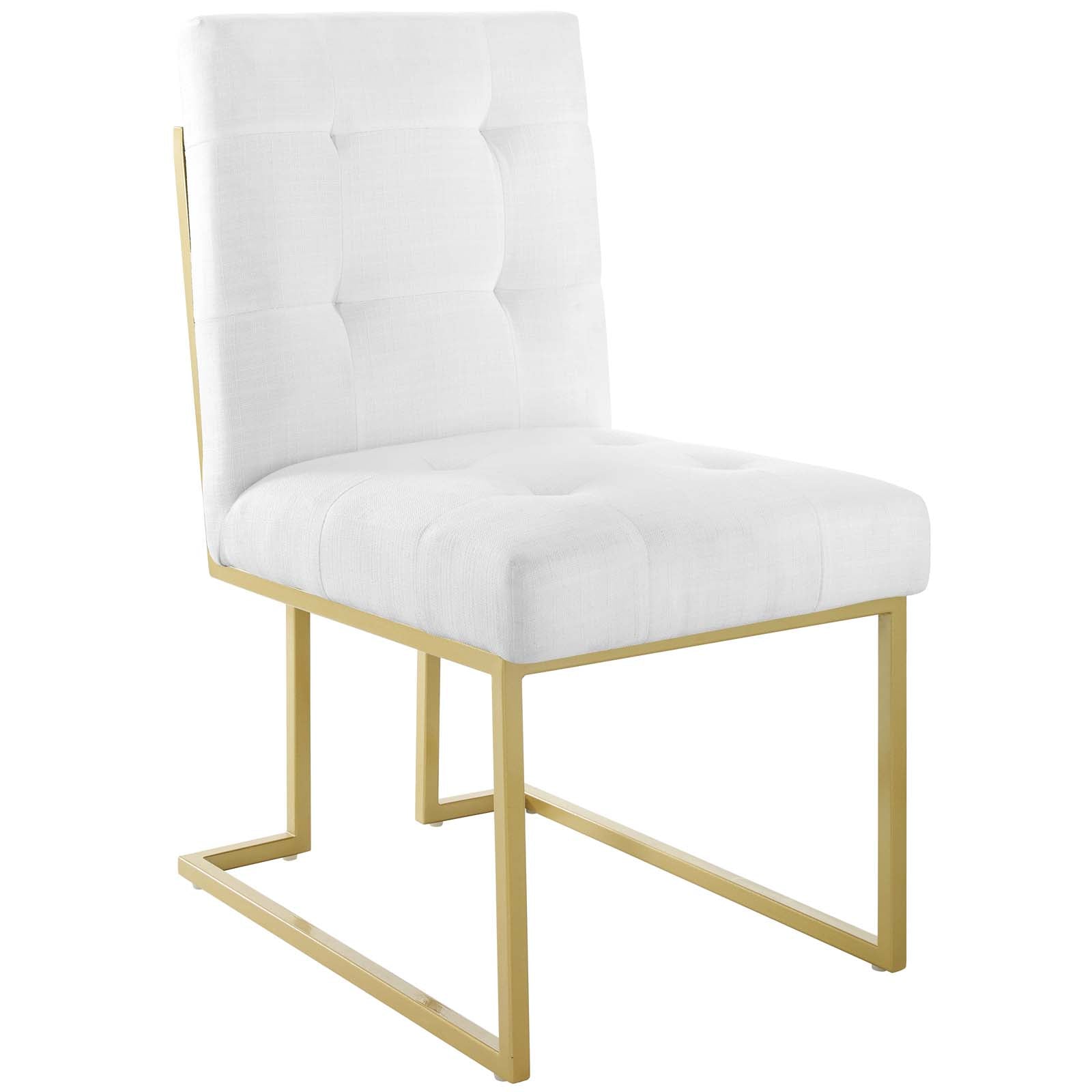 White tufted accent chair with a gold-finish metal cantilever frame and cushioned back