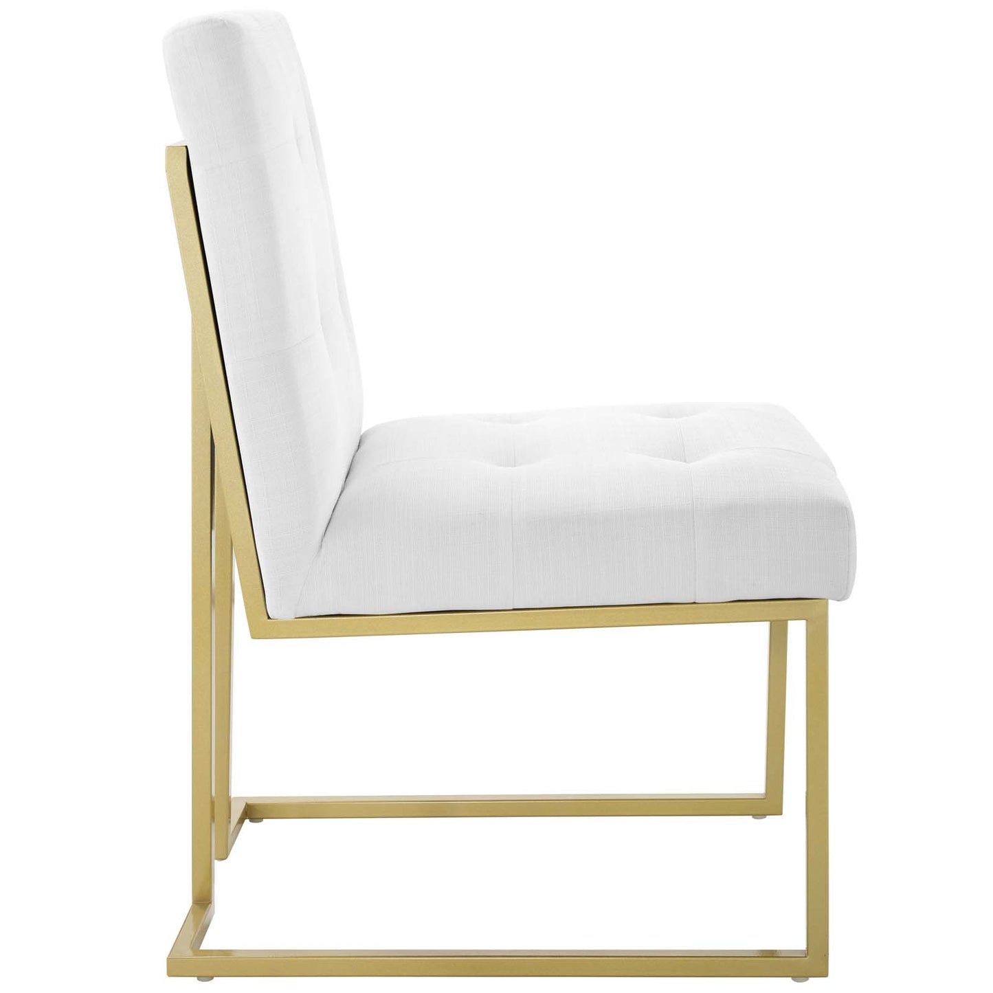White tufted upholstered fabric dining accent chair with a gold stainless steel frame