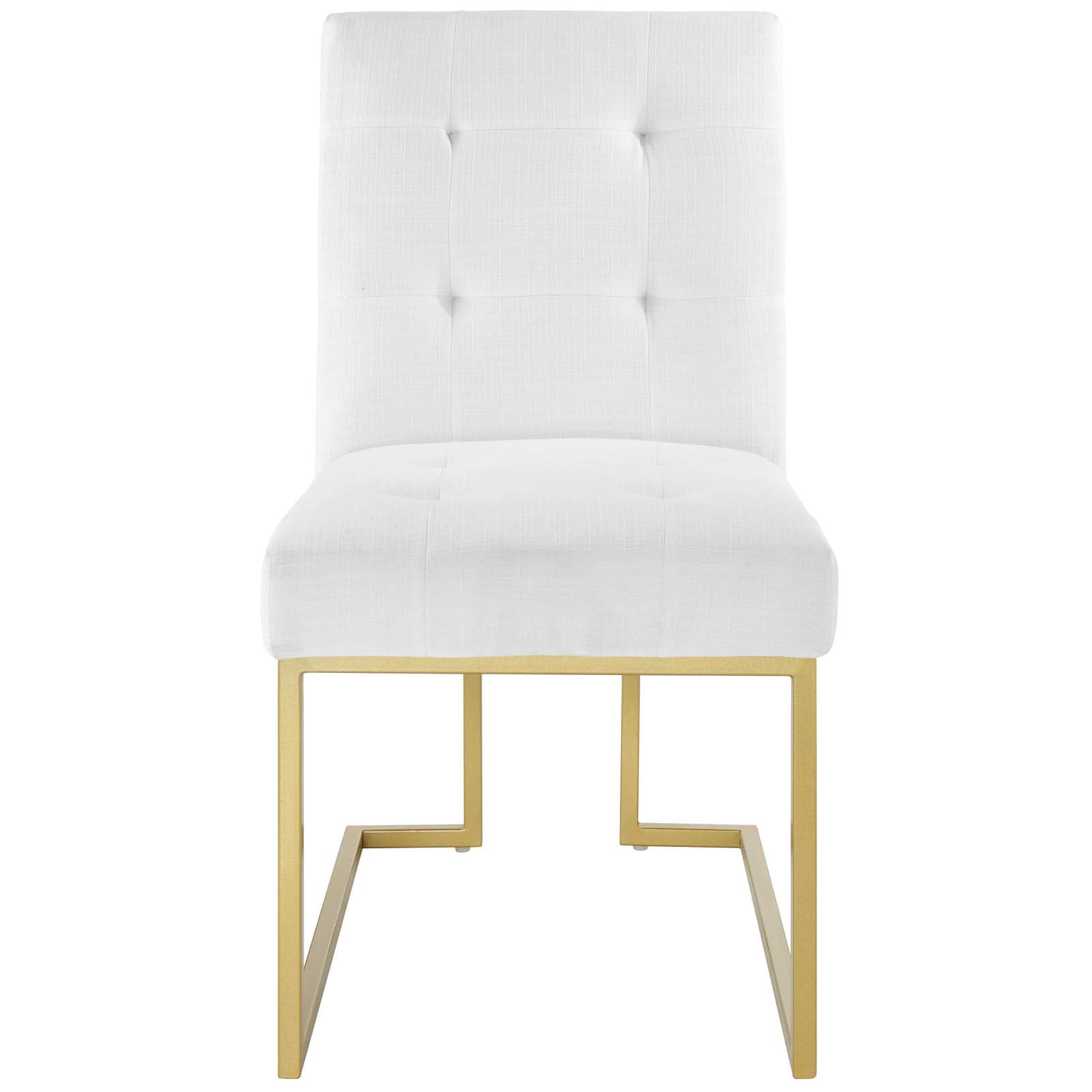White tufted upholstered fabric dining chair with a gold stainless steel angular frame.