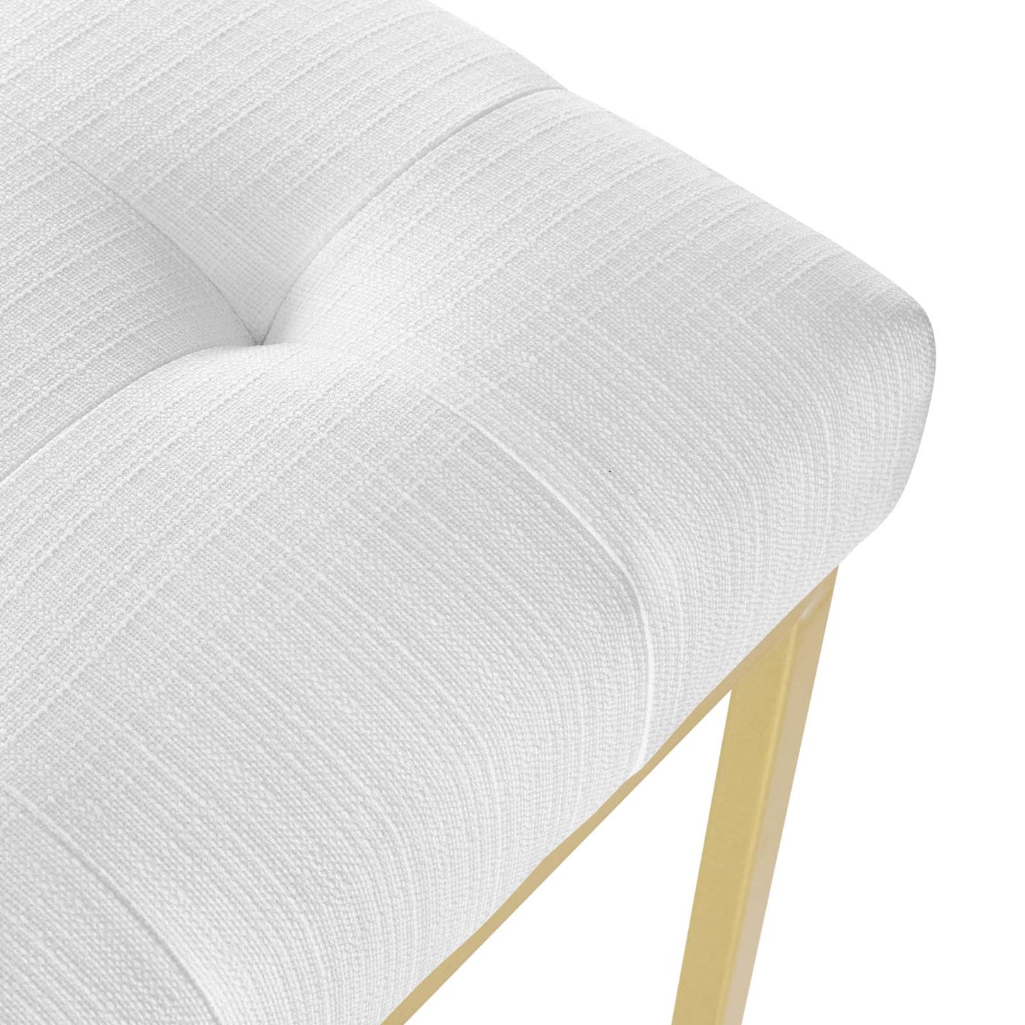 White button-tufted fabric seat with gold stainless steel legs, dining accent chair.