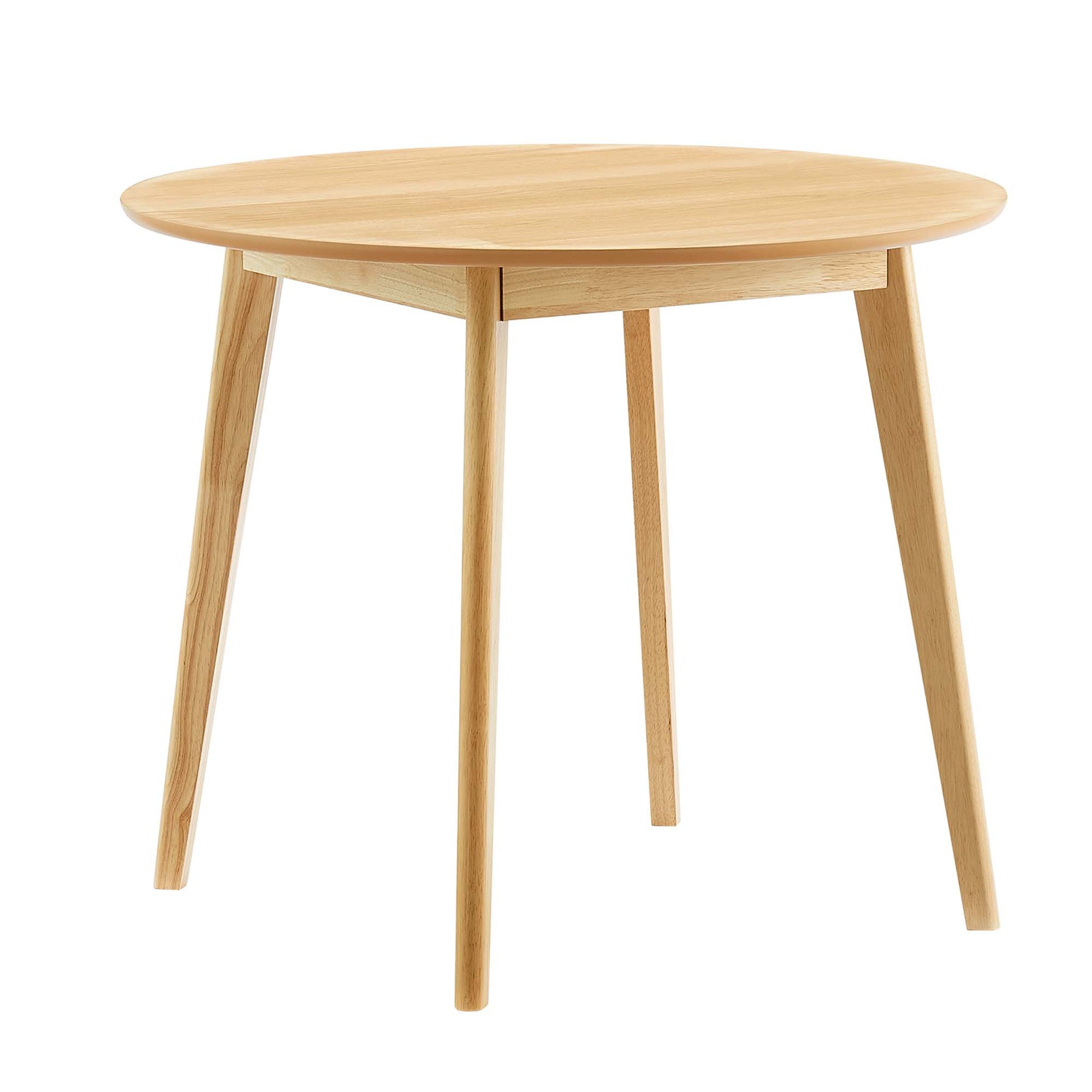 Round light oak dining table with tapered legs, mid-century modern.