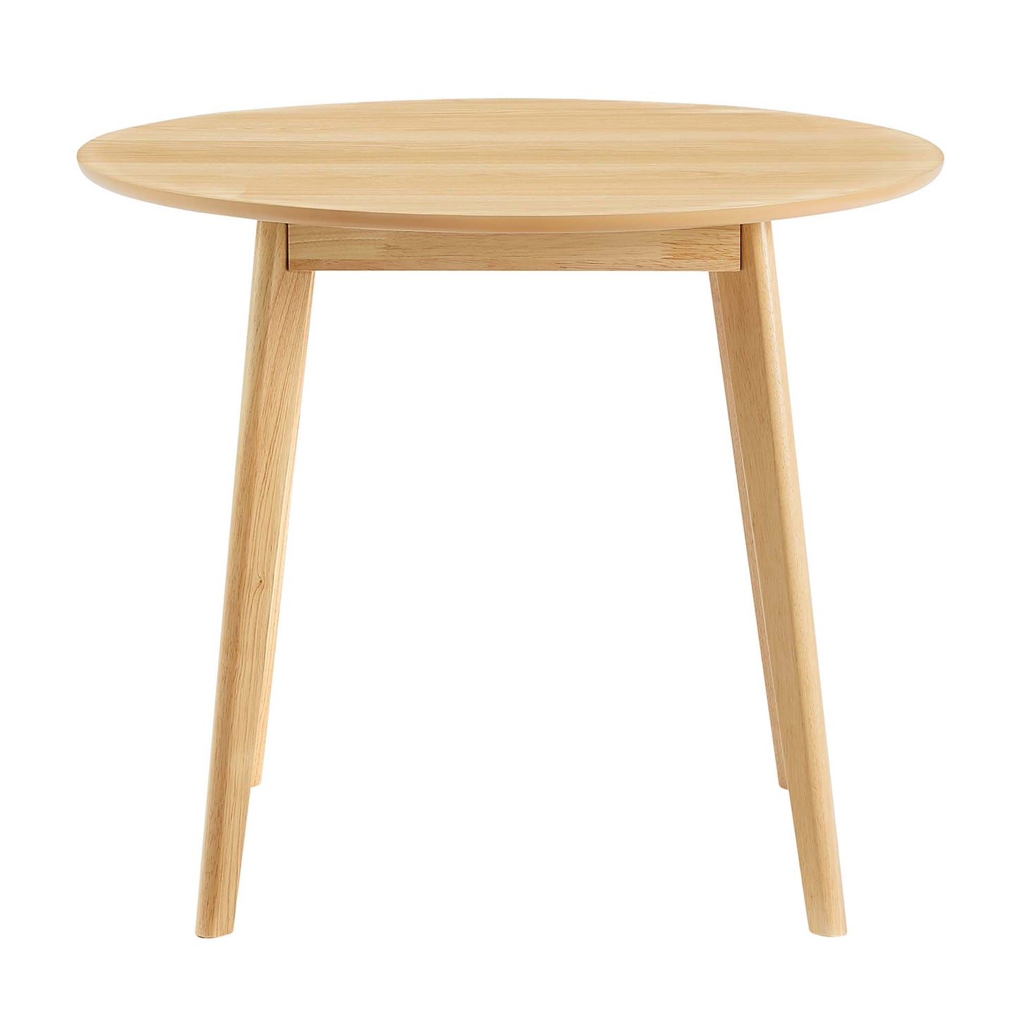 Natural oak round dining table with a small built-in drawer and splayed tapered legs.