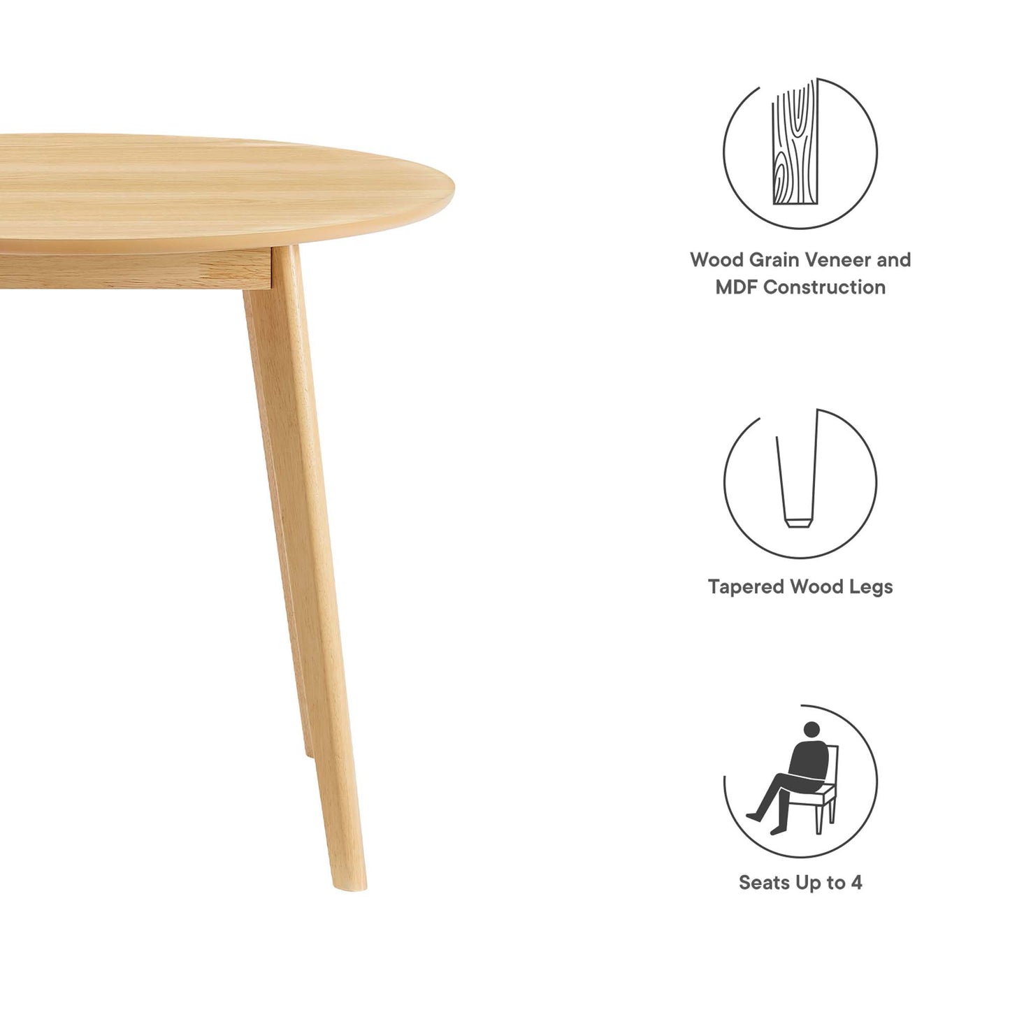 Round oak table with light wood grain veneer over MDF, tapered legs; seats up to 4.