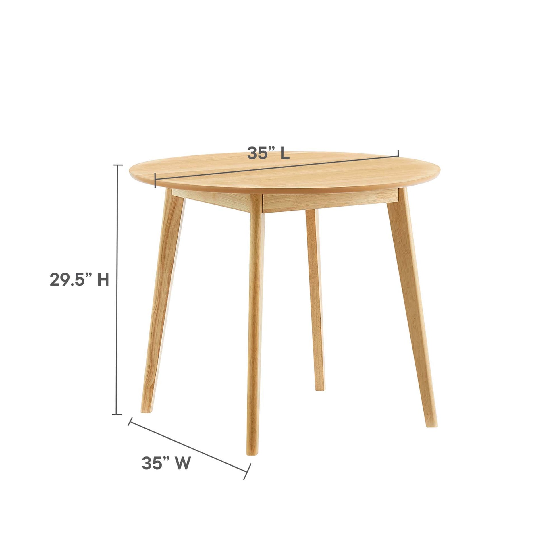Round oak dining table on three tapered legs with natural wood finish; 35in diameter, 29.5in tall.