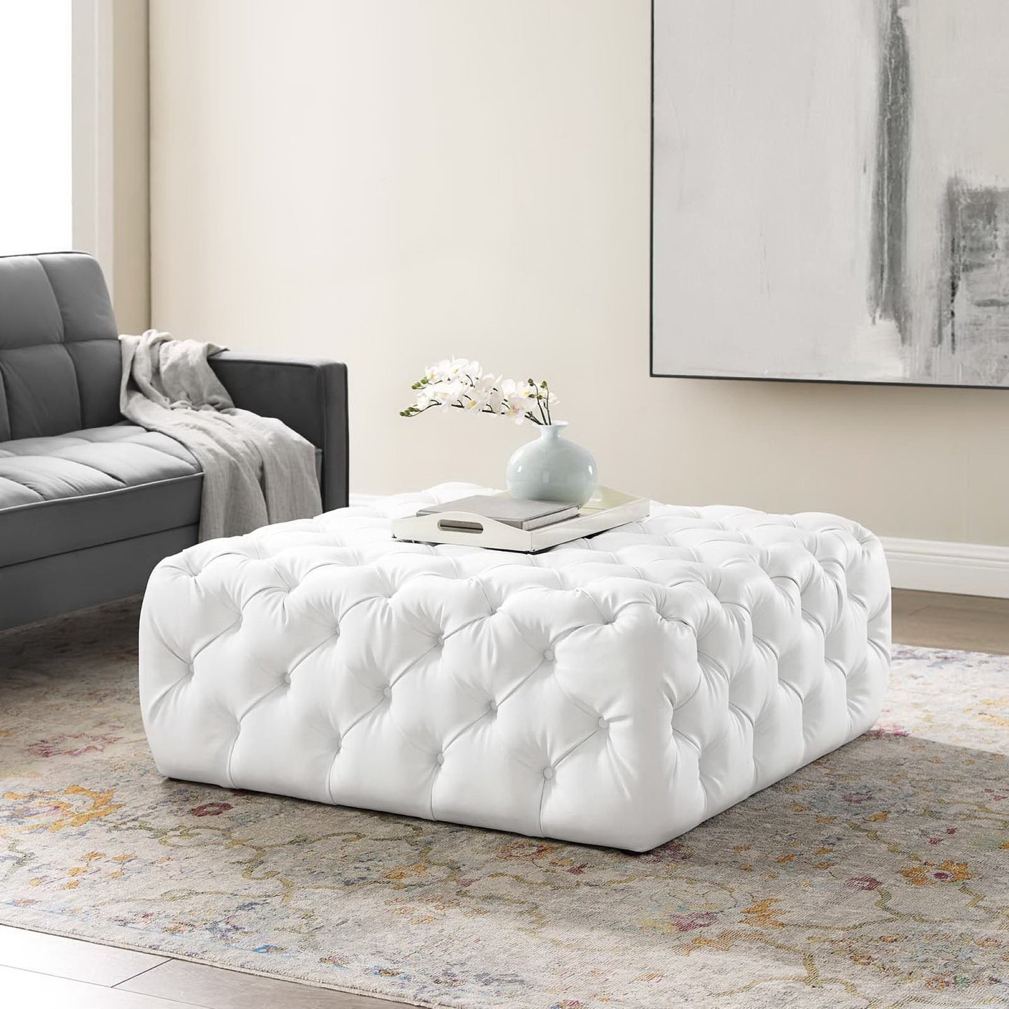 Modway - Amour Tufted Button Large Square Faux Leather Ottoman by Modway  Living Room Sofas and Armchairs White - EEI-3773-WHI