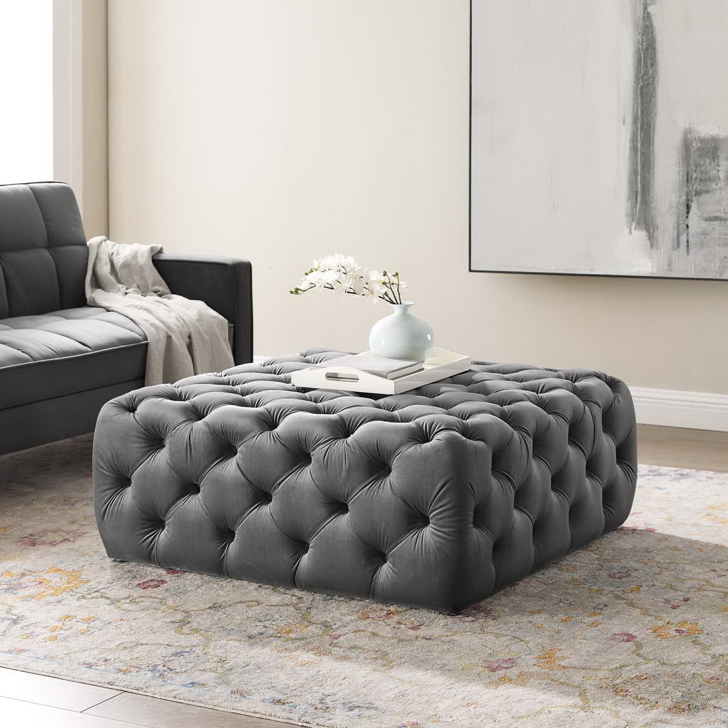 Modway Outlet Amour Tufted Button Large Square Performance Velvet Ottoman by Modway  Living Room Furniture Gray - EEI-3774-GRY