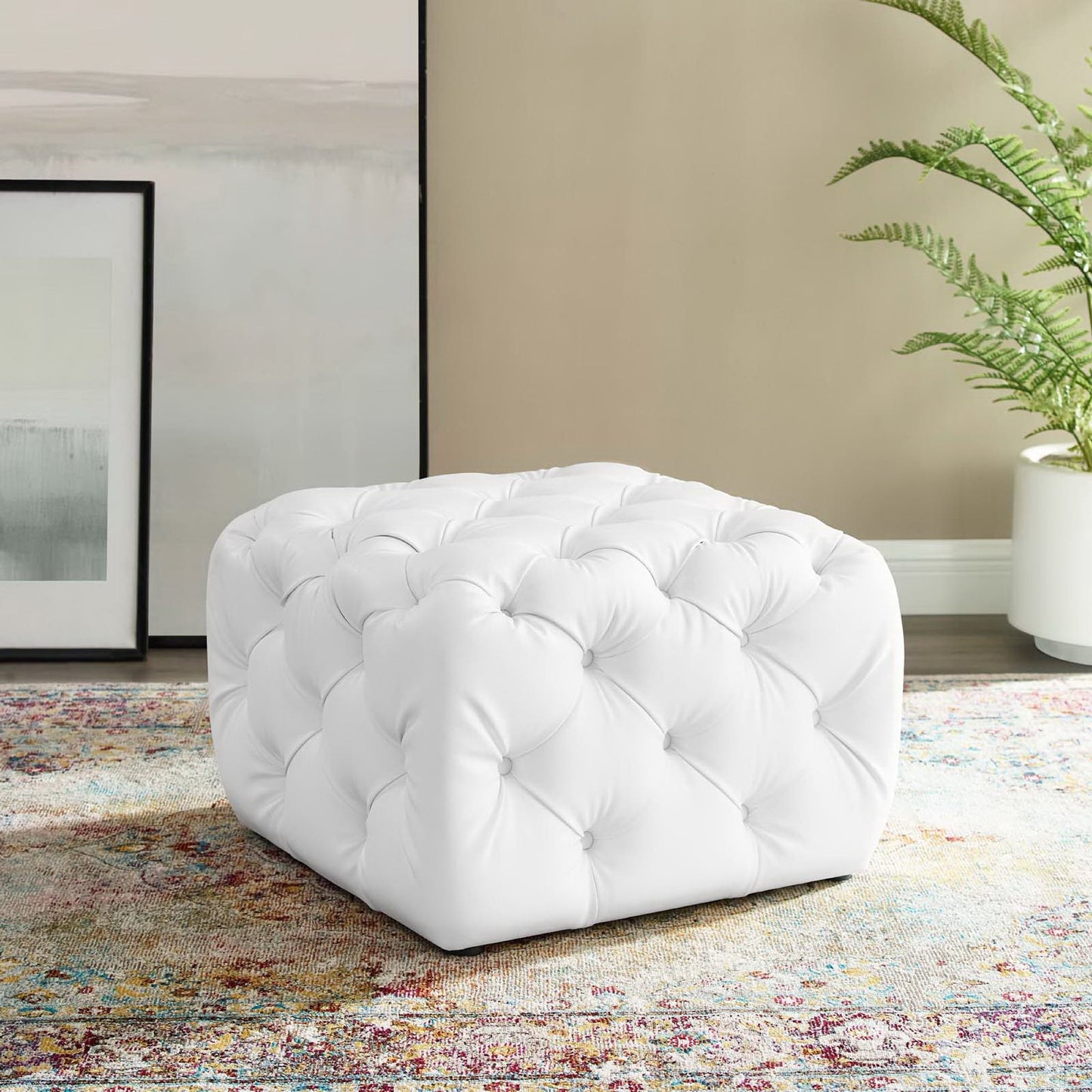 Modway - Amour Tufted Button Square Faux Leather Ottoman by Modway  Living Room Sofas and Armchairs White - EEI-3775-WHI