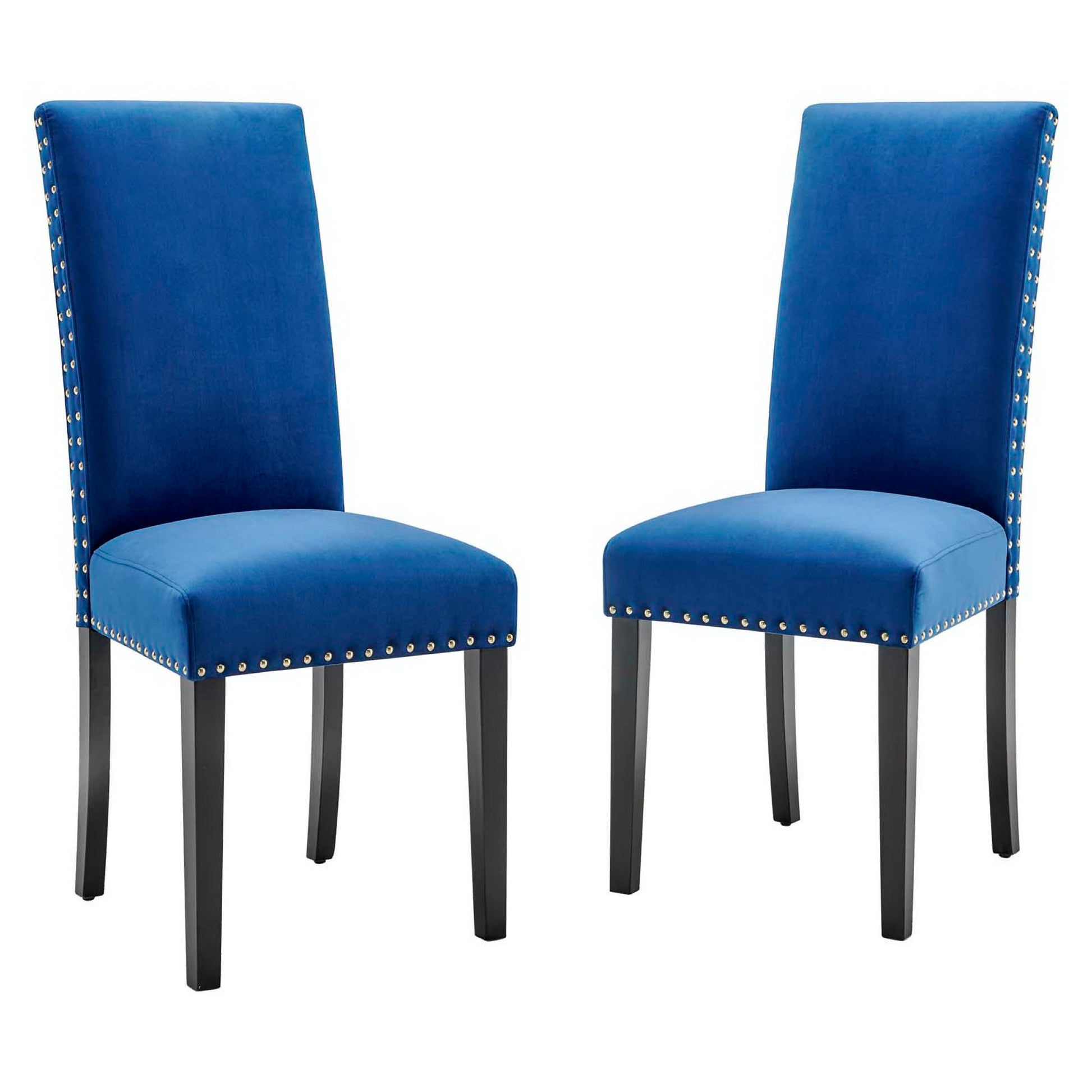 Pair of blue velvet dining chairs with tall backs, nailhead trim along edges, and black wooden legs.