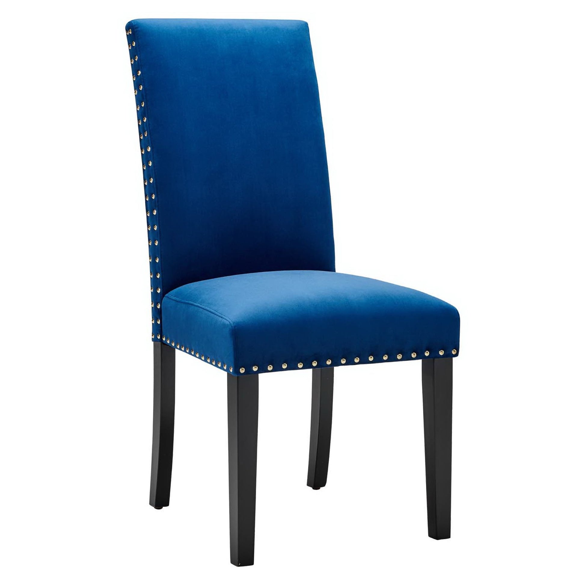 Navy blue velvet dining chairs with nailhead trim, tall padded backs, dark wooden legs.