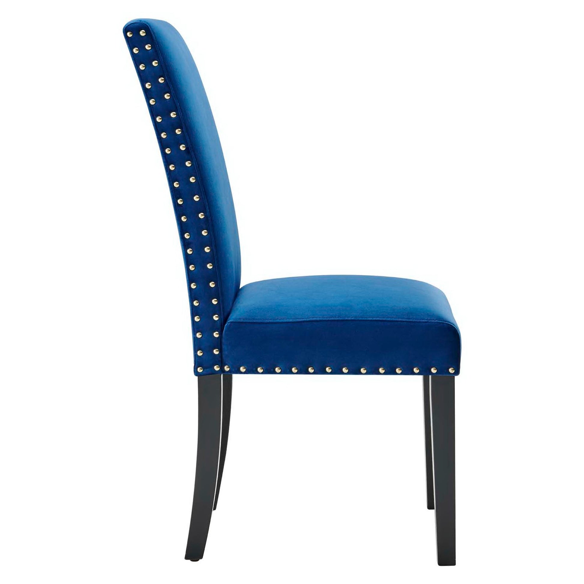 Navy blue velvet dining chairs with curved backs, silver nailhead trim along the edges and dark tapered legs; set of 2.