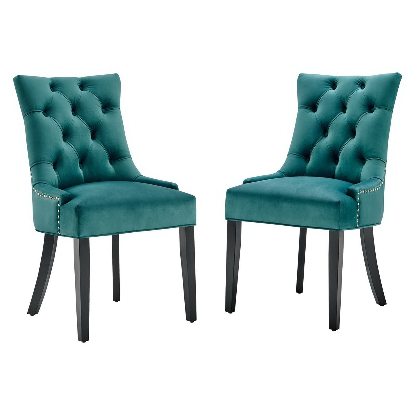 Pair of blue velvet tufted dining chairs with nailhead trim and dark curved legs