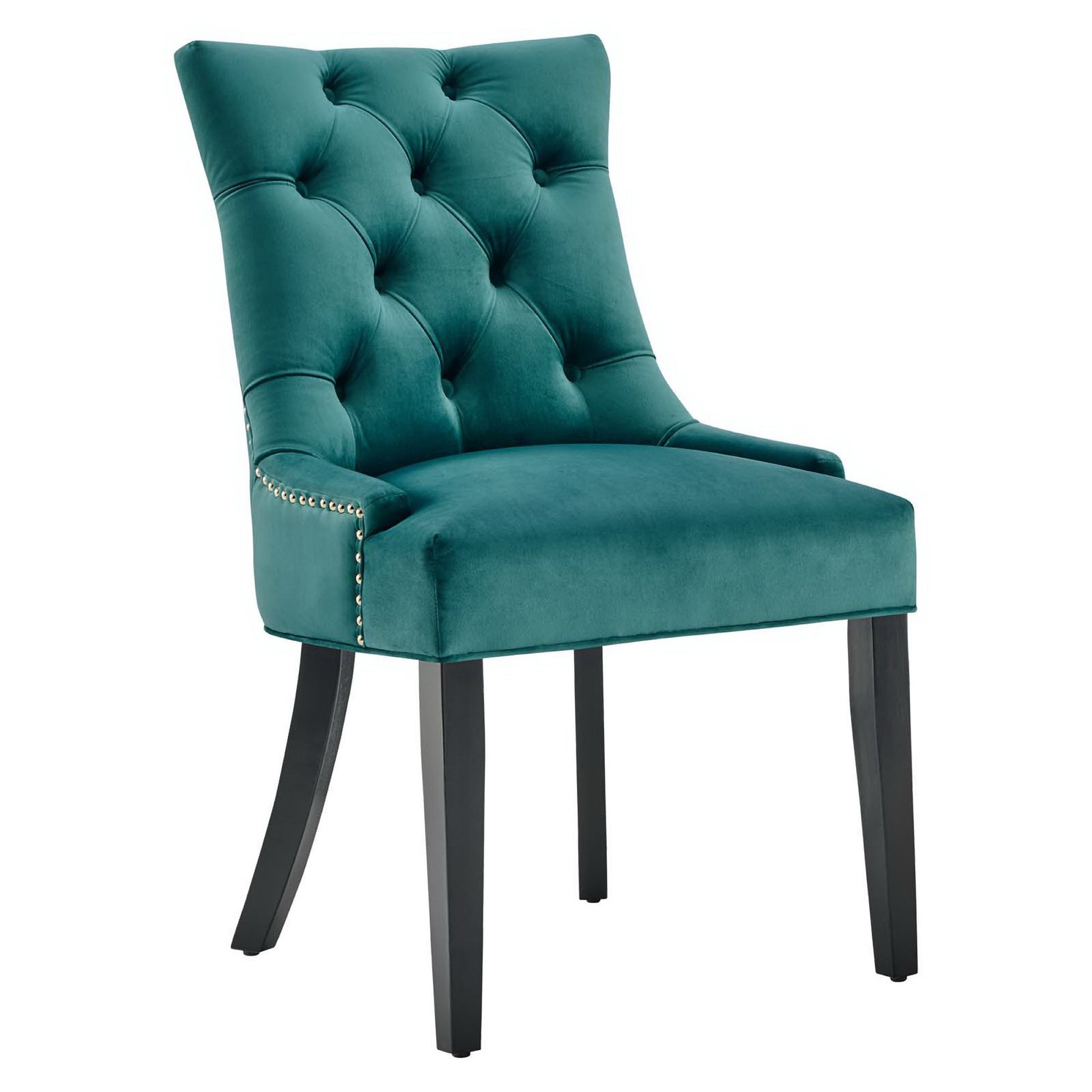 Blue tufted dining side chairs with button back, nailhead trim, and dark wood legs (set of 2).