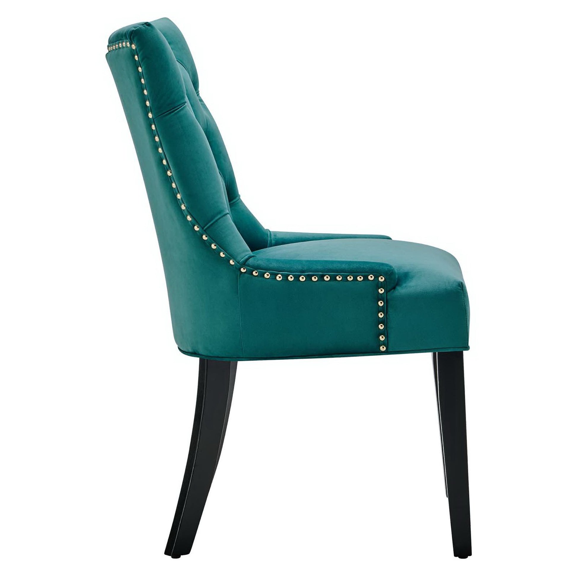 Blue tufted velvet dining chairs, set of 2, with upholstered back and seat, black tapered legs.