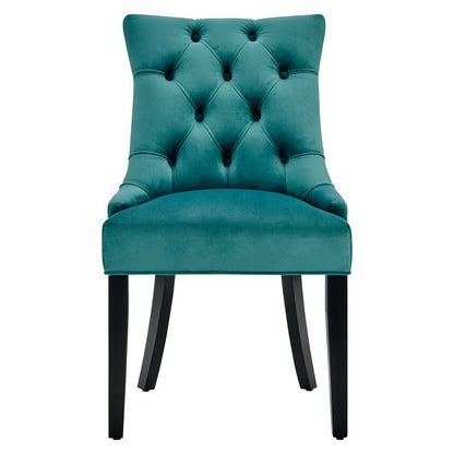 Teal velvet high-back tufted dining chair with dark wood tapered legs