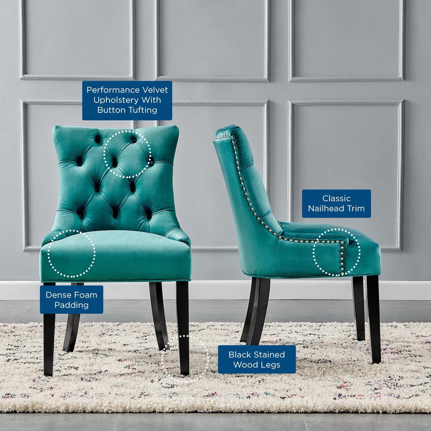 Pair of blue velvet dining side chairs with button tufting, nailhead trim, dense foam padding and black stained wood legs.