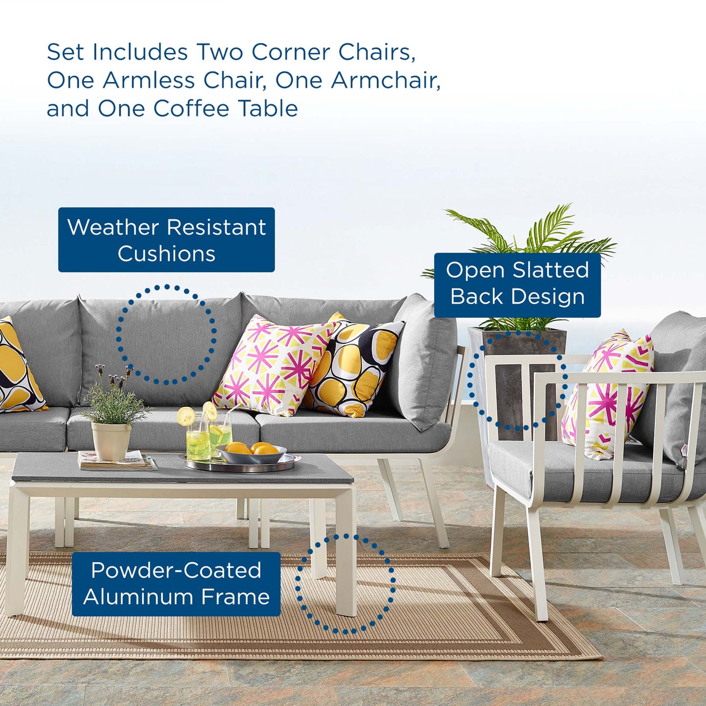 Modway Outlet Riverside 5 Piece Outdoor Patio Aluminum Set by Modway  Outdoor Furniture Furniture White Gray - EEI-3783-WHI-GRY