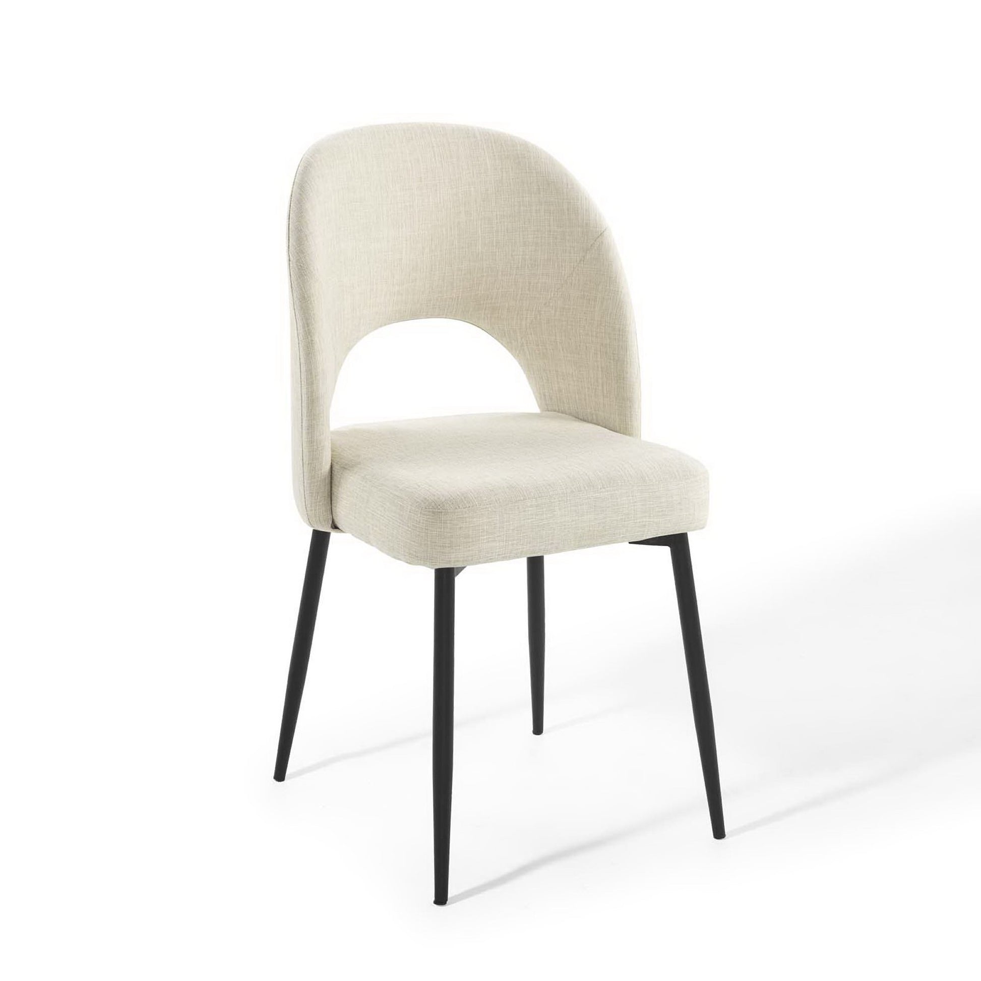 Beige fabric upholstered dining side chair with curved back, open arch, and black tapered legs.