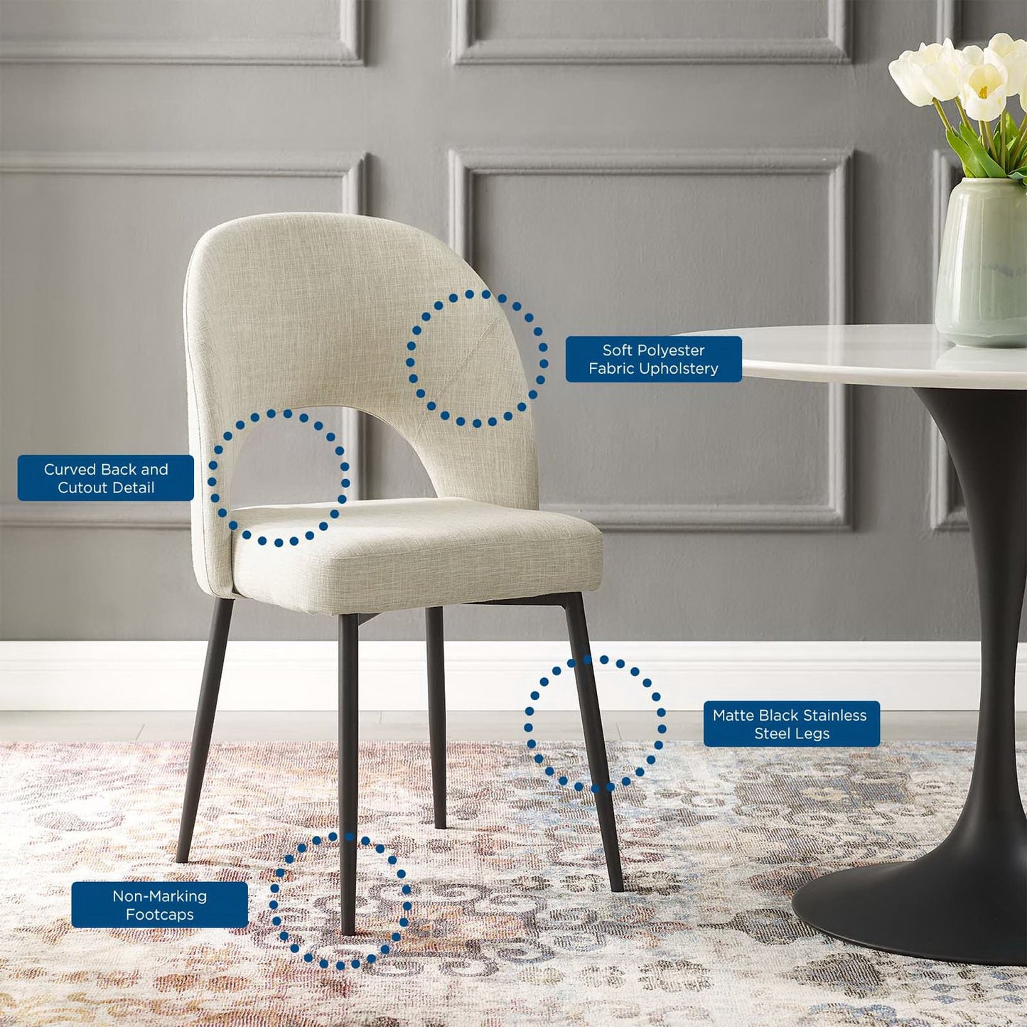 Beige curved-back dining chair with soft fabric upholstery, matte black stainless legs and non-marking feet; modern dining seating.
